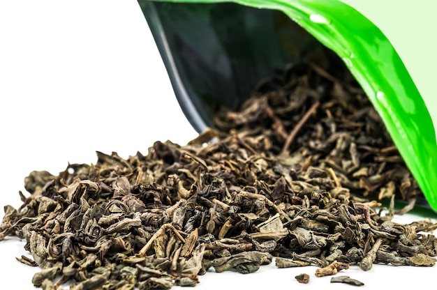 Spilled green tea on white background