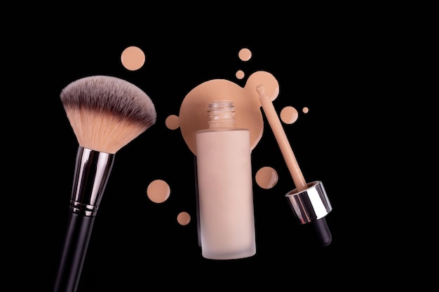 Spilled liquid foundation Mockup glass bottle of correction cosmetic product with pipette and brush