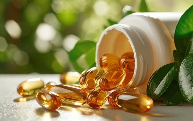 Photo spilled omega3 fish oil gel capsules from a white bottle with green foliage background