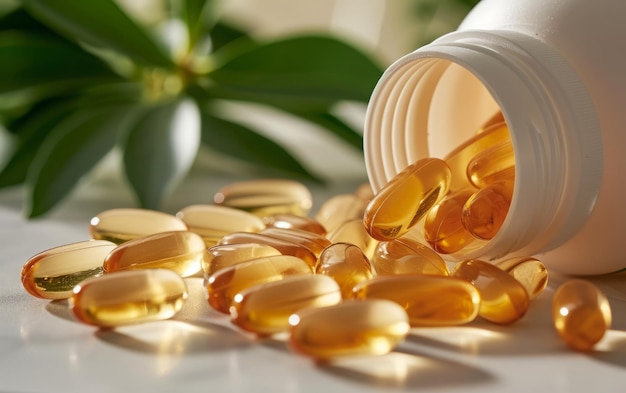 Photo spilled omega3 fish oil gel capsules from a white bottle with green foliage background