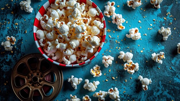 Photo spilled popcorn and film reels on blue surface