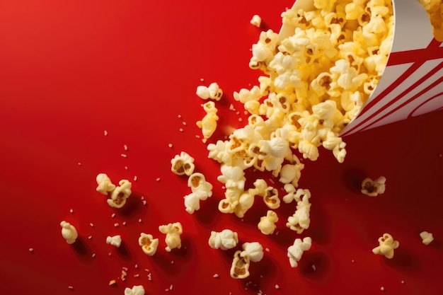 Spilled popcorn on a red background