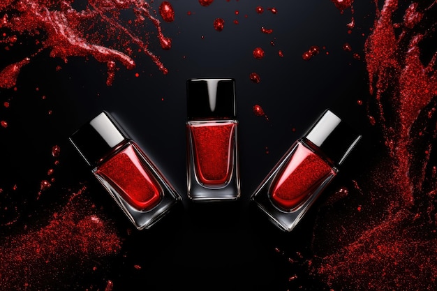 Фото Пролитый модный красный лак на черном фоне с квадратными бутылками сверху