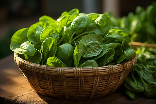 spinach on basket behind blurred green background vegan food concept