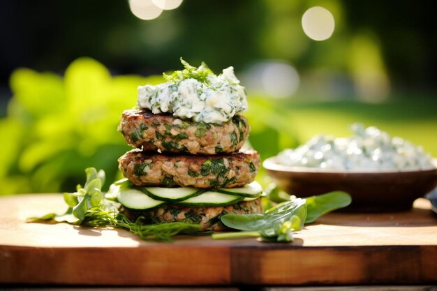 Photo spinach feta turkey burger with tzatziki