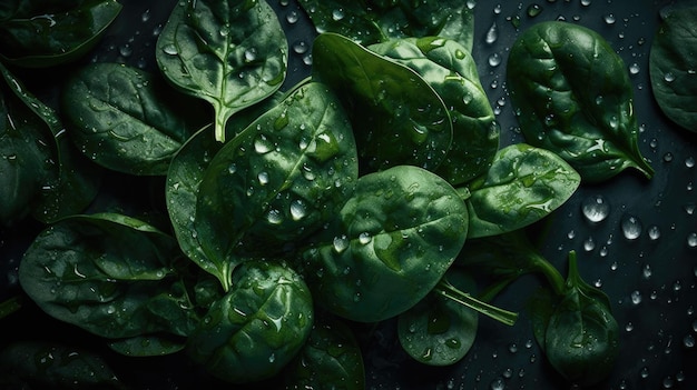 Spinach leaves on a black surface with water droplets on them.