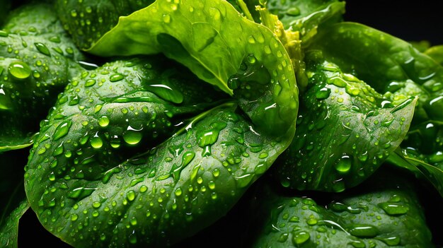 spinach leaves covered with water droplets