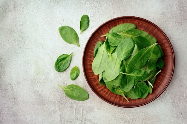 Spinach leaves in plate on concrete table.