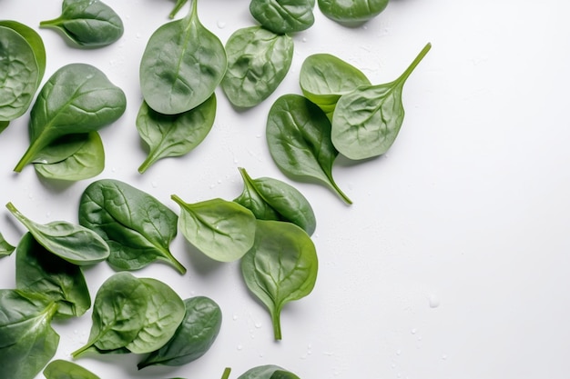 Spinach leaves on a white background on top banner with copy space