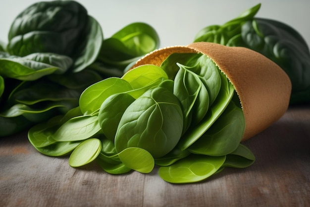 Spinach leaves on a wooden table
