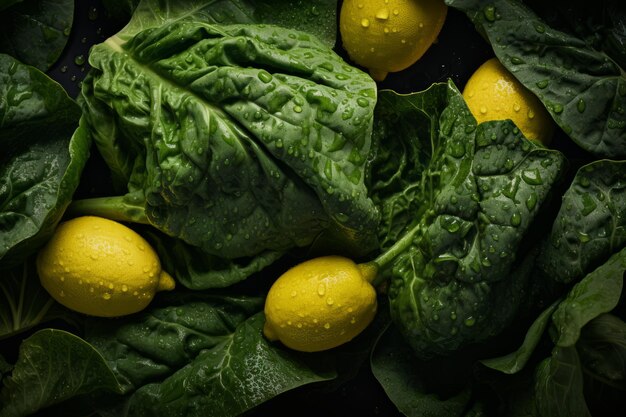Foto spinaci e limoni su sfondo nero