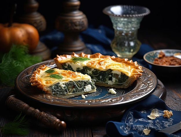 spinach pie in the shape of a with a slice missing in the style of phoenician art