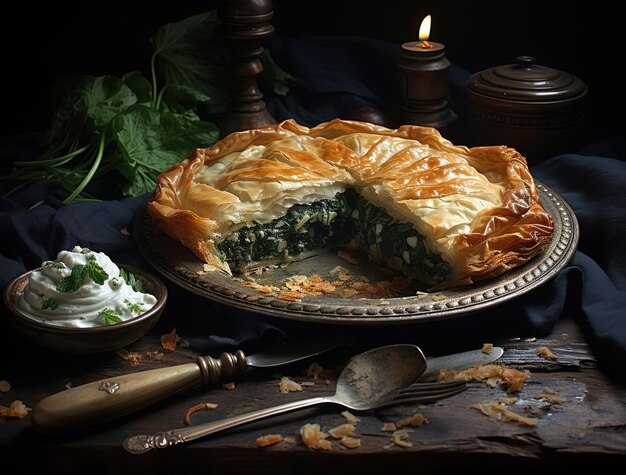spinach pie in the shape of a with a slice missing in the style of phoenician art