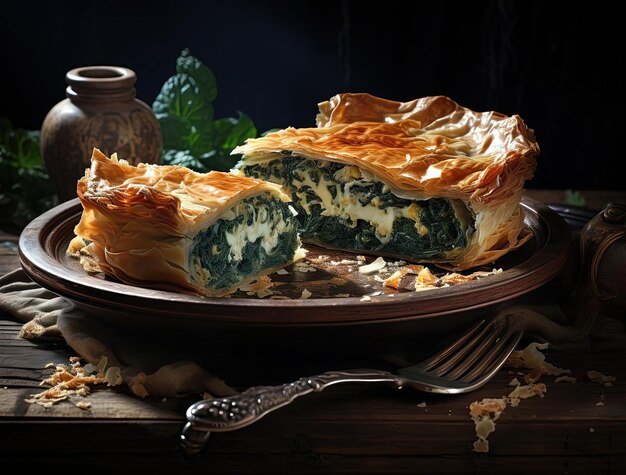 a spinach pie with one slice missing in the style of made of cheese