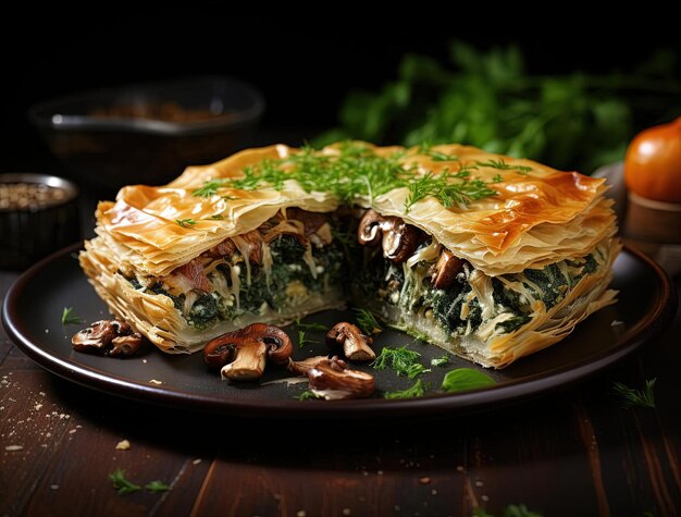Premium AI Image | a spinach puff pastry pie has sliced slices of