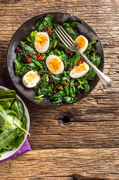 Spinach Salad. Fresh spinach salad with eggs chili pepper and sweet cranberries.