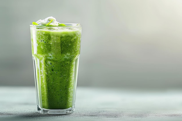 a spinach smoothie on table copy space for text