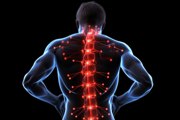 脊椎痛 自宅で腰痛を持つ男性 腰部損傷の赤い斑点