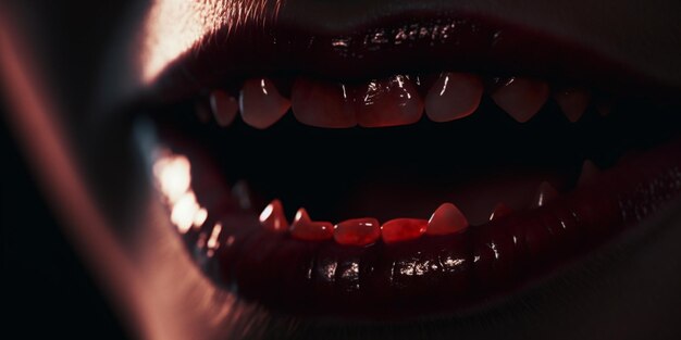 Photo a spinechilling image of a bloodsmeared mouth with sharp vampire fangs ai generated