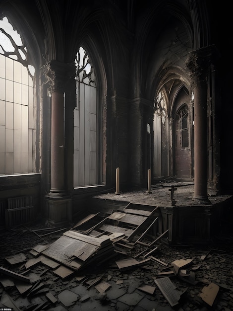 A spinetingling scene in the asylum's crumbling chapel generated by ai