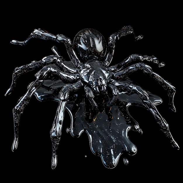 Spinnenvormige in Rippling Tar Zwarte ondoorzichtige vloeistof met zilveren achtergrondkunst Y2K Glowing Concept