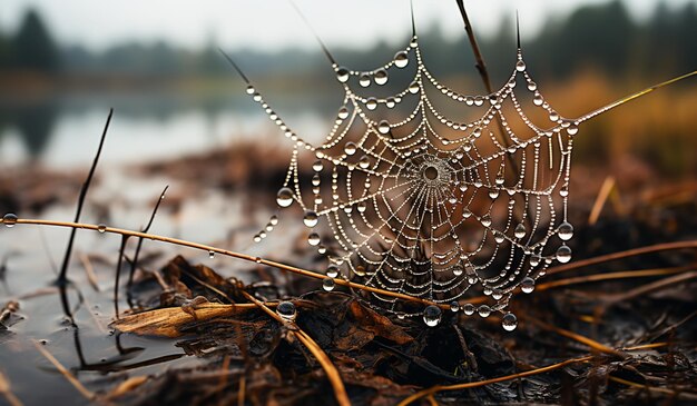 Foto spinnenweb met dauwdruppels ai gegenereerd