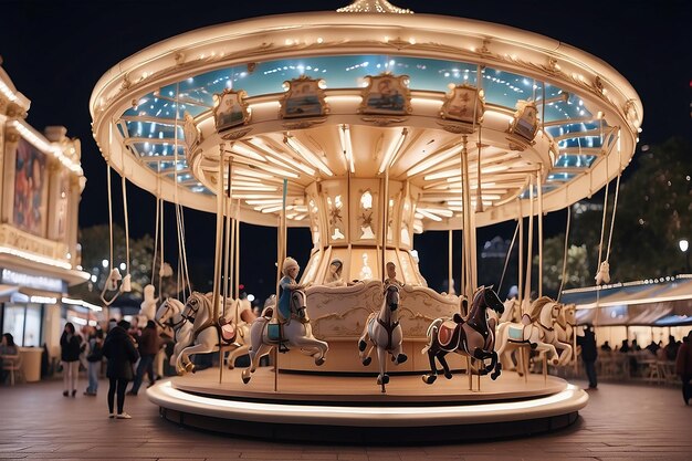 Spinning carousel brings joy to nighttime crowd happy children playing generated by AI