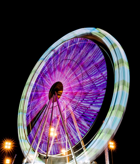 Вращающееся колесо обозрения ночью в парке развлечений с красивыми цветами