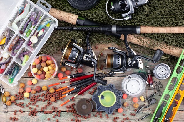 Spinning and fishing rods on an old table