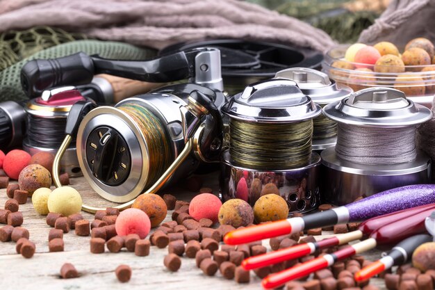 Spinning and fishing rods on an old table