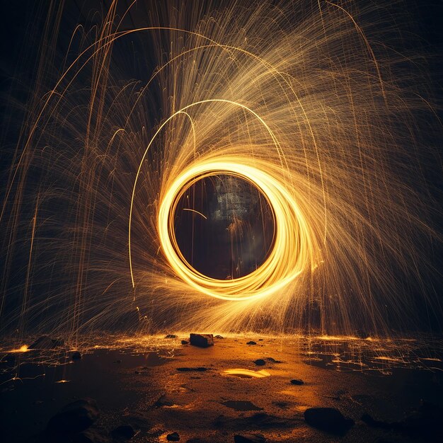 Photo spinning steel wool in abstract circle