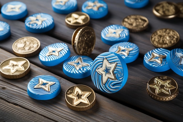 Фото Крутящиеся вершины и шоколадные монеты с еврейскими символами на синем деревянном фоне