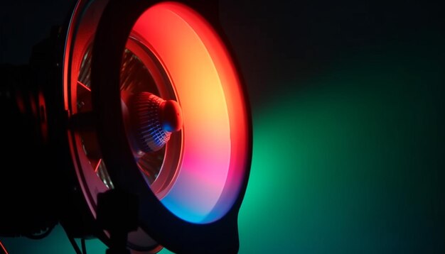 Spinning turntable illuminates modern nightclub with multi colored lights generated by AI