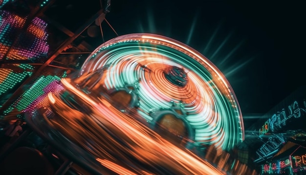 Spinning wheel ignites vibrant city nightlife excitement generated by AI