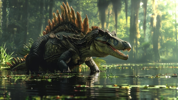 Spinosaurus lurking in the shadows of a Cretaceous swamp