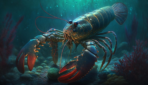 Spiny lobster stands under the sea crustaceans image ai generated art