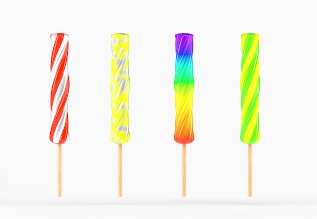 Spiraal ijs snoep of lolly op houten stok 3d render Set van fruit popsicle gestreepte snoepjes karamel pepermunt en bonbon Dessert van aardbei citroen vanille en melk