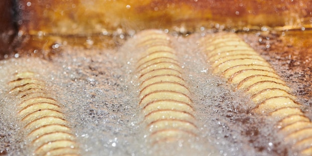 Spiraalgefrituurde aardappel koken in kokende olie rijk aan vet en calorieën fastfood ongezond heerlijk