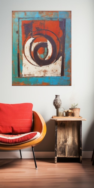 Photo spiral artwork creates serene ambiance in redthemed living room