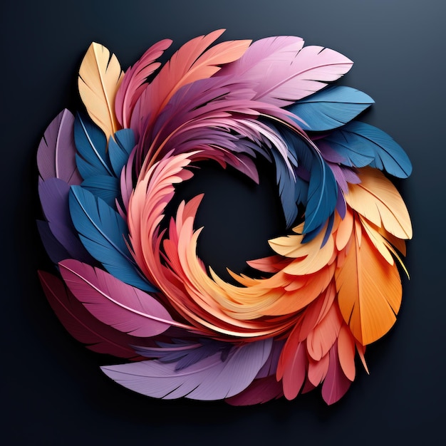 A spiral of colored feathers on a black background