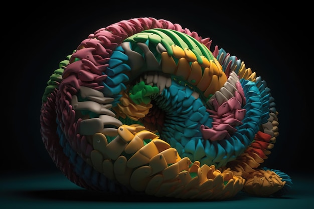 A spiral of colorful fabric is lit up in a dark room.