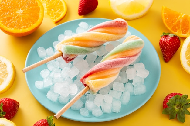 Spiral colorful popsicle with fruit on yellow