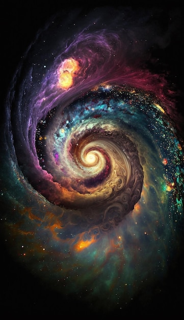 A spiral of colors is shown with a purple and yellow background.