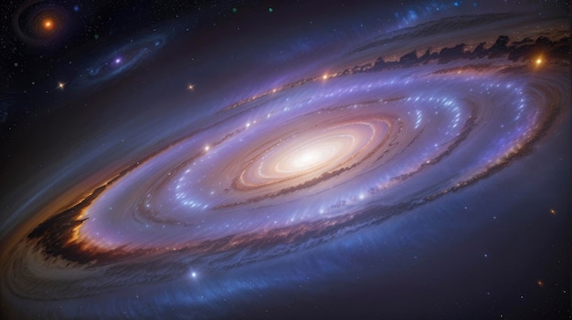 a spiral galaxy with a bright white center surrounded by stars and a black hole