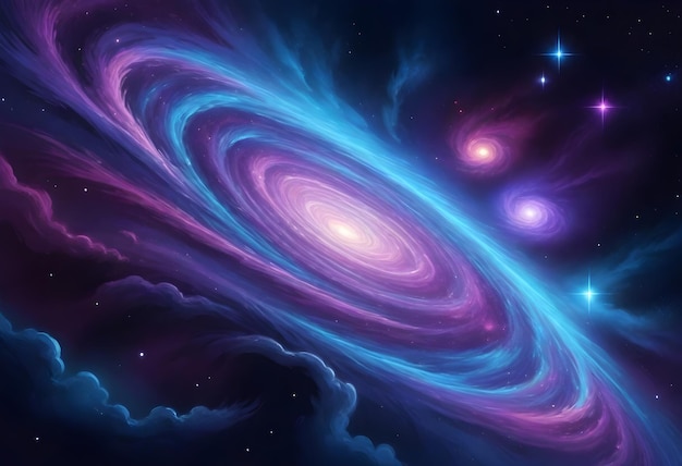 Spiral galaxy with hues of blue surrounded by smaller galaxies and stars against a dark space back