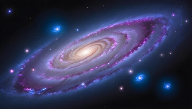 Спиральная галактика с несколькими вращающимися руками, ярким ядром и звездами на фоне фиолетового туманного пространства.