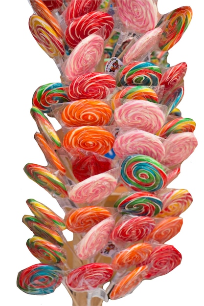 Spiral lollipops of different colors isolated on white background Sucking sweets on stick