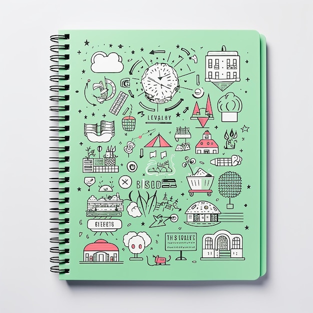 a spiral notebook with a picture of a house and the word " happy holidays " on it.