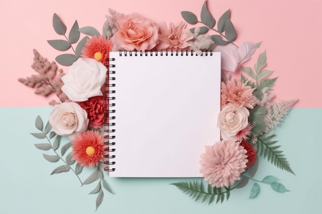 A spiral notebook with a white cover sits on a pink and green background.