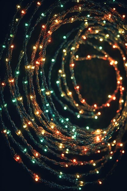 Spiral pattern of holiday lights on a dark background created with generative ai